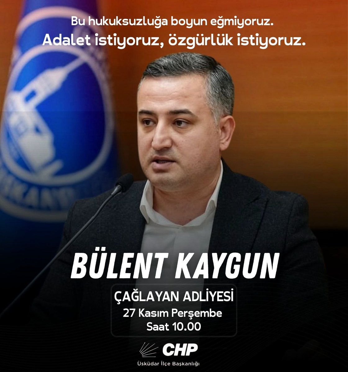Hukuksuzluğun, baskının ve yıldırma girişimlerinin karşısında susmuyoruz.
27 Kasım Perşembe günü saat 10.00’da, Çağlayan Adliyesi’nde
adaletin, hukukun ve özgürlüğün yanında olmak için buluşuyoruz.
İBB ve Üsküdar Belediye Meclis üyemiz Bülent Kaygun yalnız değildir!