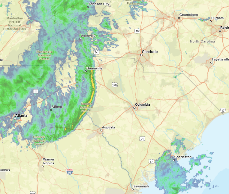 There is a line of showers pushing into the western Midlands and upper CSRA late this morning but with little instability available, stronger winds are not mixing down with gusts to 20-30 mph possible along with some much needed rain.  Line should weaken as it moves east. #scwx