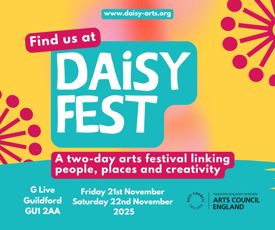 MeathCharity's tweet image. 🎨 We’re heading to DAiSY Fest at G Live, Guildford this Fri &amp;amp; Sat (21–22 Nov)!
Come say hi 👋 at our stand and find out how our Skills Centre supports adults with disabilities through creative &amp;amp; expressive arts. 💜
See you there! 🙌
#DAiSYFest #DisabilityArts #Guildford