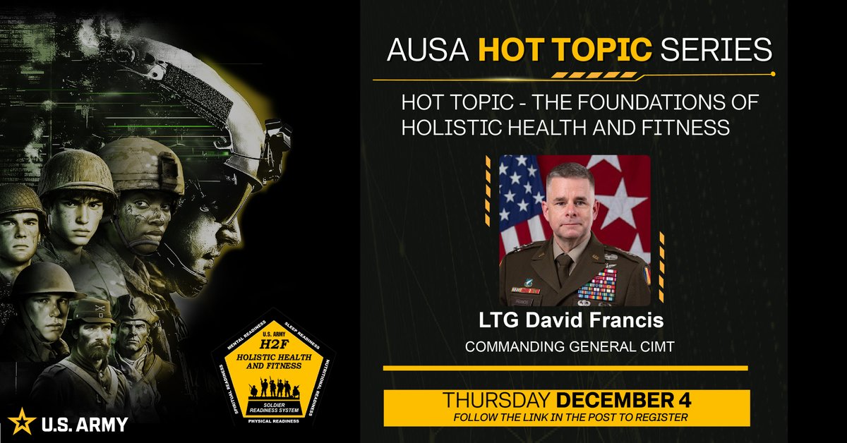 USACIMT's tweet image. CIMT CG Lt. Gen. David J. Francis will speak at the AUSA Hot Topic event in Arlington, Virginia, on December 4. Registration is now open. There is no cost for members of the military, government civilian personnel, and the media.
Register here:
ausa.org/events/hot-top…
