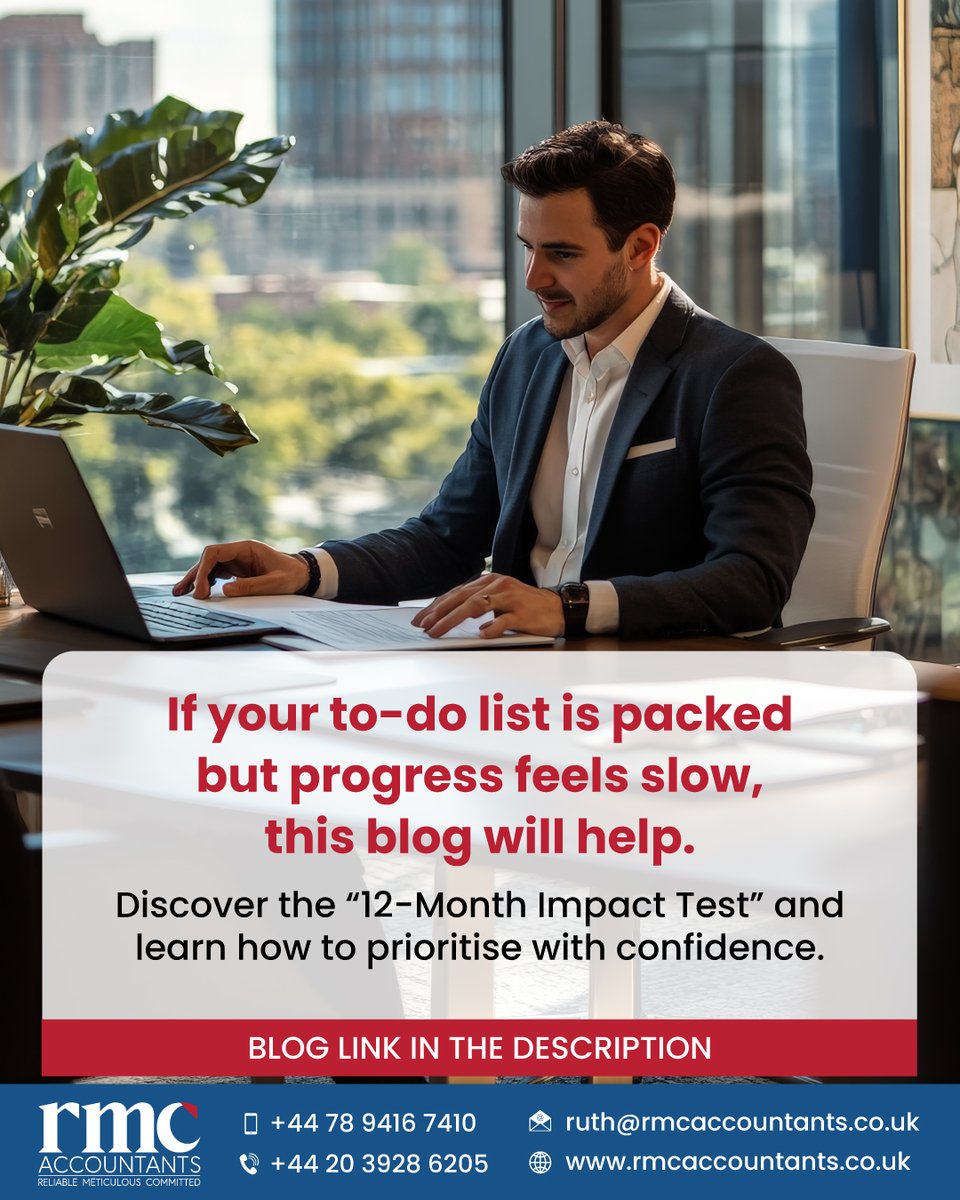 RMCAccountants's tweet image. If your to-do list is packed but progress feels slow, this blog will help.

Discover the “12-Month Impact Test” and learn how to prioritise with confidence.

Read here: rmcaccountants.co.uk/the-12-month-i…

#BusinessPriorities #OwnerManaged #FamilyBusiness #Productivity #StrategicPlanning