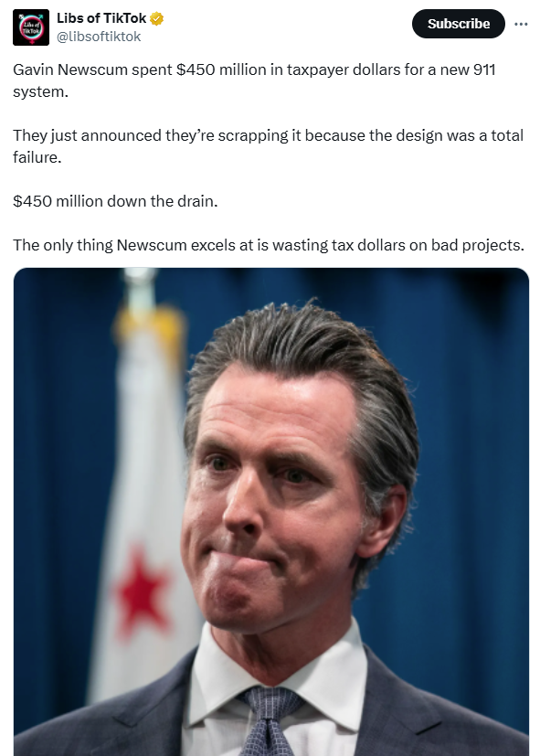 Total Failure: Gavin Newsom Pulls the Plug on Broken $450M 911 System

Everything Gavin touches goes to hell! 
Never have I seen such a failure at everything as Gov. Newsom!

The only thig he excels at, is wasting taxpayer money!

Newsom has wasted about $10B on free healthcare