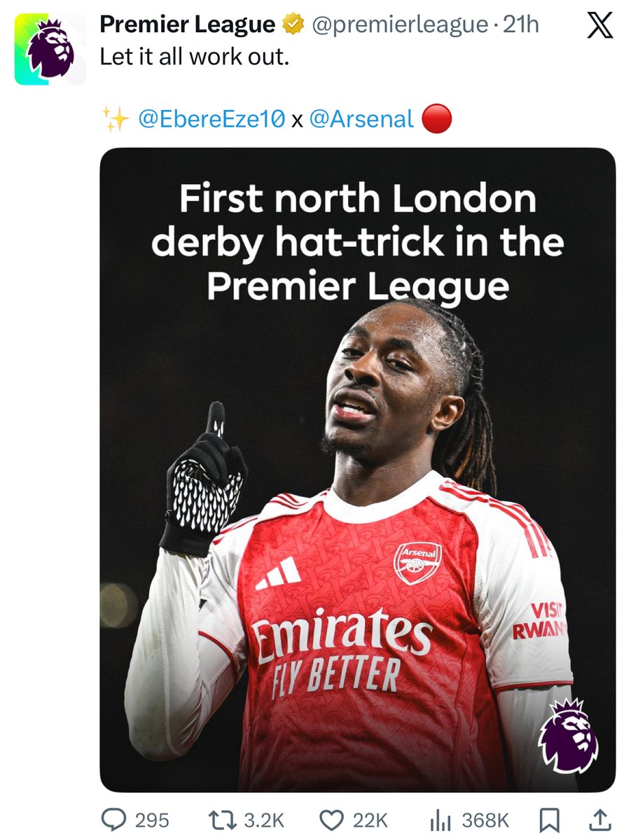 StatsPerform's tweet image. This weekend’s North London Derby showed how quickly two well-timed insights can become 𝑡ℎ𝑒 story.

Minutes after Eberechi Eze&apos;s third goal, our Data Insights team surfaced two major historical milestones through 𝙾𝚙𝚝𝚊 𝙻𝚒𝚟𝚎 – the first North London Derby hat-trick in 47…