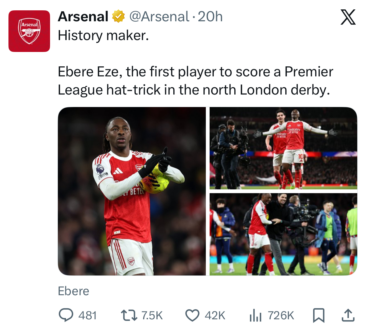 StatsPerform's tweet image. This weekend’s North London Derby showed how quickly two well-timed insights can become 𝑡ℎ𝑒 story.

Minutes after Eberechi Eze&apos;s third goal, our Data Insights team surfaced two major historical milestones through 𝙾𝚙𝚝𝚊 𝙻𝚒𝚟𝚎 – the first North London Derby hat-trick in 47…