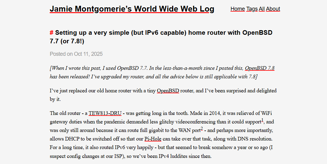 wesley974's tweet image. Setting up a very simple (but IPv6 capable) home router with #OpenBSD
👉blog.montgomerie.net/posts/2025-10-…