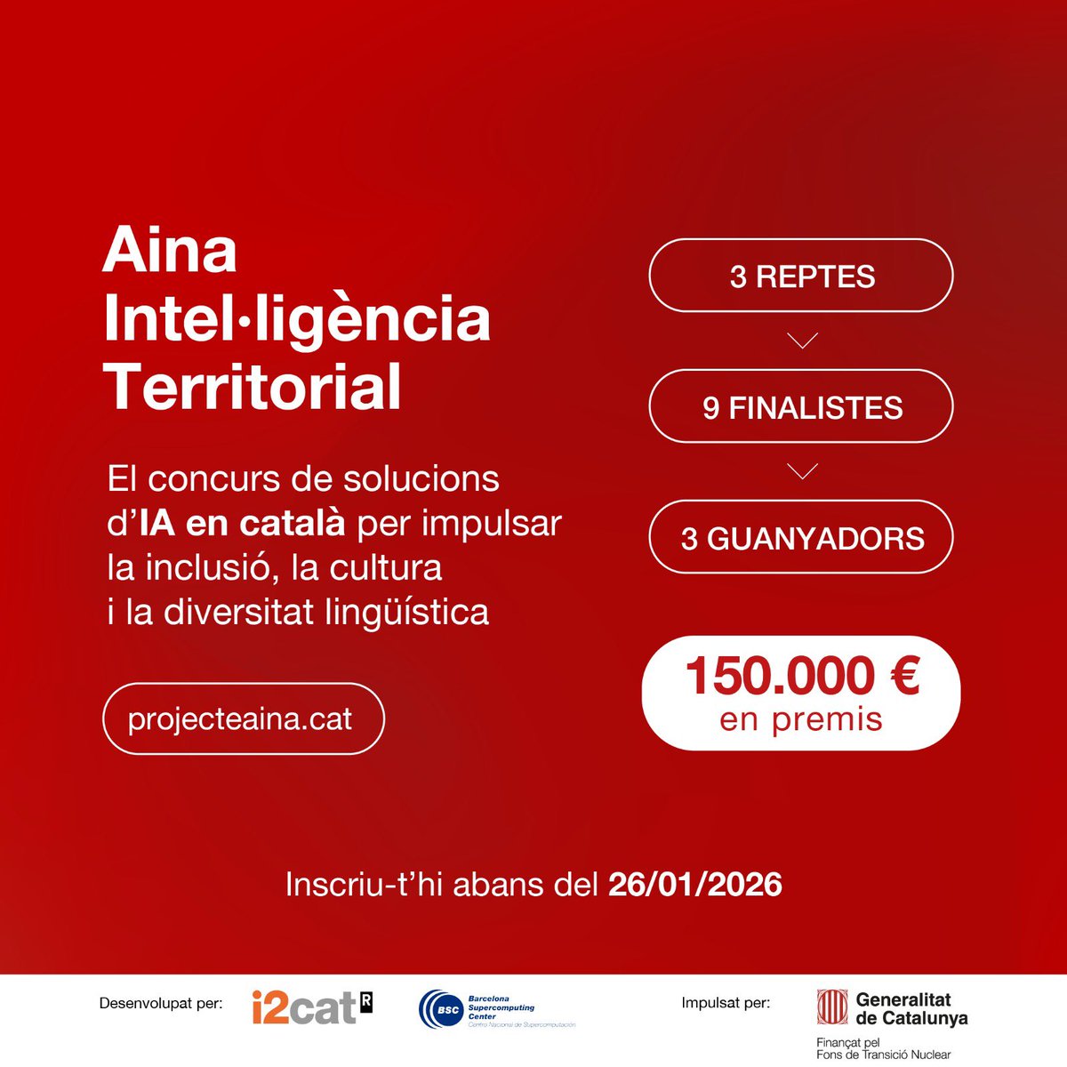 🔛 En marxa l’Aina Intel·ligència Territorial, el concurs que promou solucions d’IA en català per reduir les bretxes socials i digitals
 
➡️ Impulsat per <a href="/empresacat/">Empresa</a> en el marc del #FonsTransicióNuclear i desenvolupat per @i2cat i <a href="/BSC_CNS/">BSC-CNS</a>, dins del @projecteaina
 
📅