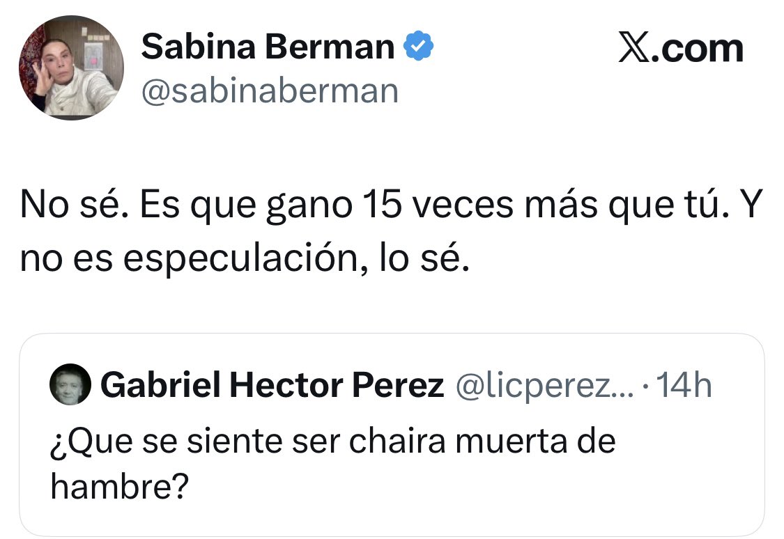 HectorRossete's tweet image. El texto de la señora Berman resume perfecto la burbuja en la que viven los defensores del gobierno: ellos sí tienen ingresos sólidos, medicamentos, atención médica y seguridad. Por eso no ven el desastre afuera. Hablan desde el privilegio, mientras millones sobreviven. Ese es el…
