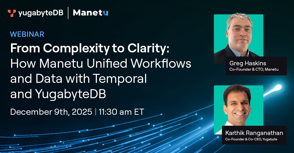 Yugabyte's tweet image. When faced with latency challenges, operational complexity, and workflow corruption under load, Manetu built an open-source, #Cassandra-inspired YCQL driver for @temporalio, enabling organizations to run #Temporal entirely on #YugabyteDB.💡

In this upcoming webinar (Dec 9th -…