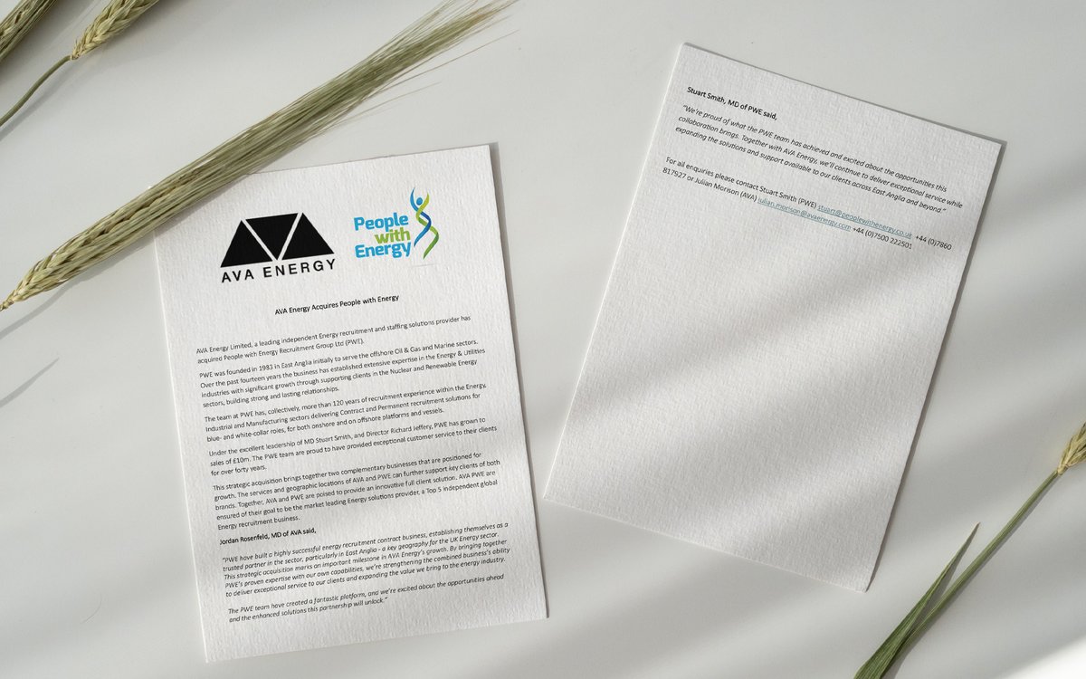 AVA Energy Limited, a leading independent Energy recruitment and staffing solutions provider has acquired People with Energy Recruitment Group Ltd (PWE).

Want to know more? Get all the details in our latest blog post: peoplewithenergy.co.uk/news/press-rel…