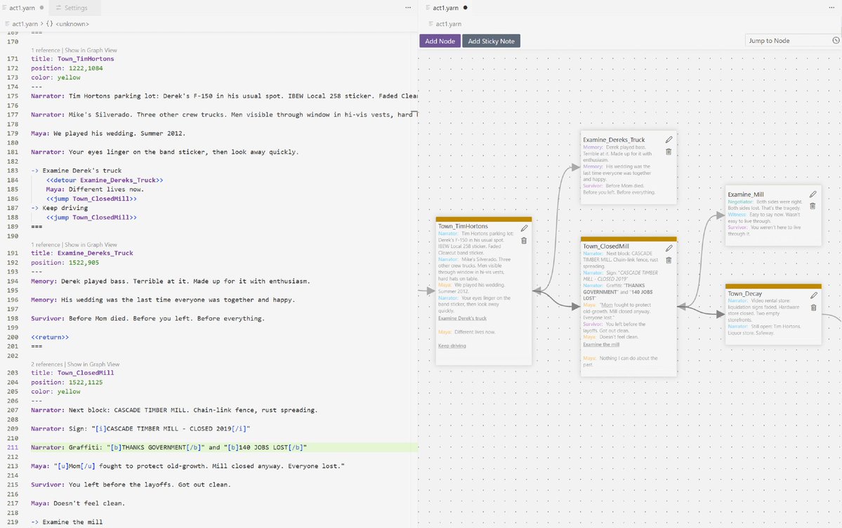 graphific's tweet image. Having a lot of fun using and adapting the #yarnspinner visual code extension.

Gave the legacy graph view some love, code being maintained at github.com/graphific/VSCo…

– auto layout options
– basic text formatting
– custom speaker colors
etc.

#gamedev