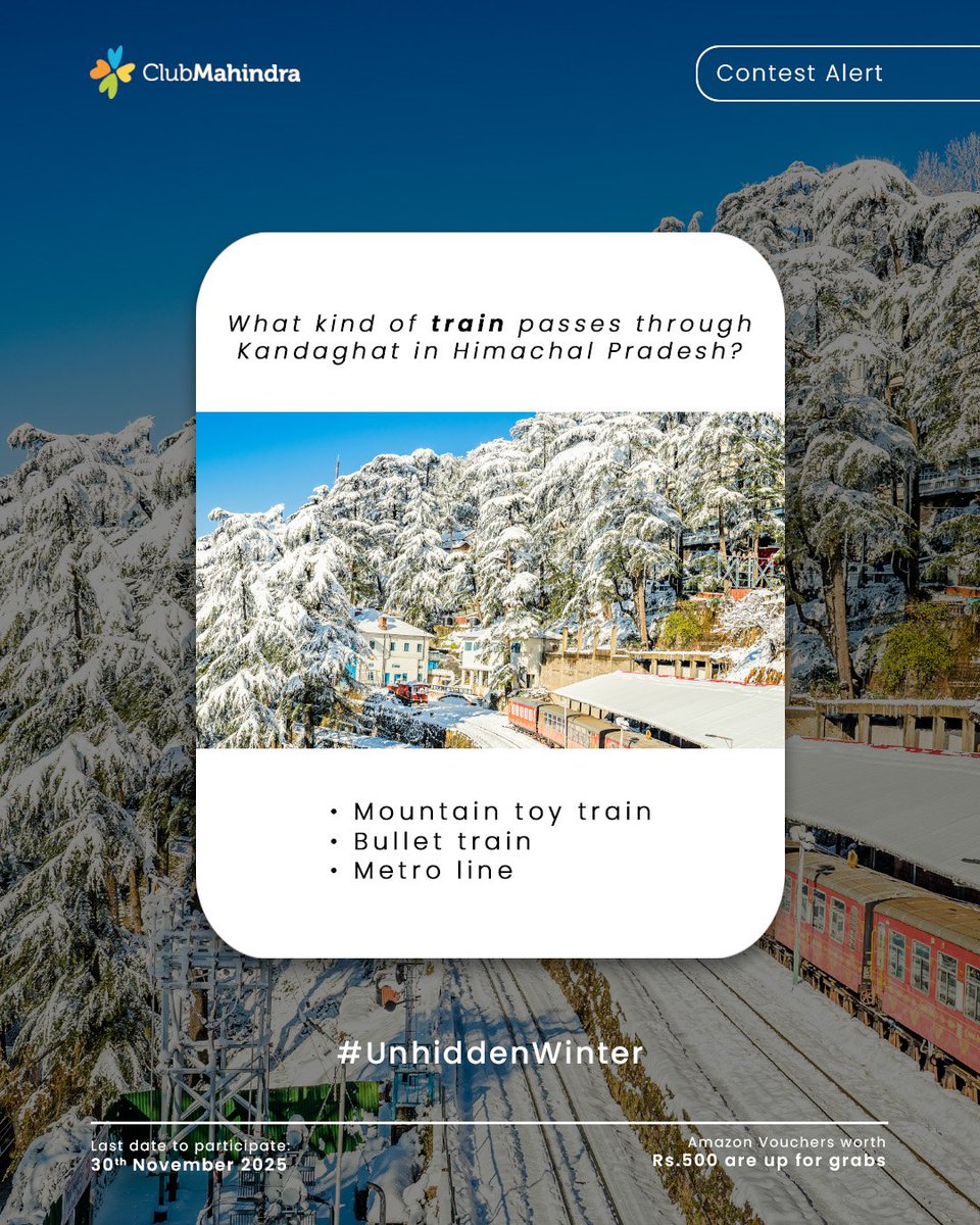 clubmahindra's tweet image. ❄️ #ContestAlert - Day 11 of 16
#UnhiddenWinter with #ClubMahindra

Get ready to enjoy the winter season with 16 exciting questions and a chance to win Amazon vouchers worth ₹500 each!

☃️ How to Participate:
1️⃣ Comment below with your answer using #UnhiddenWinters and…
