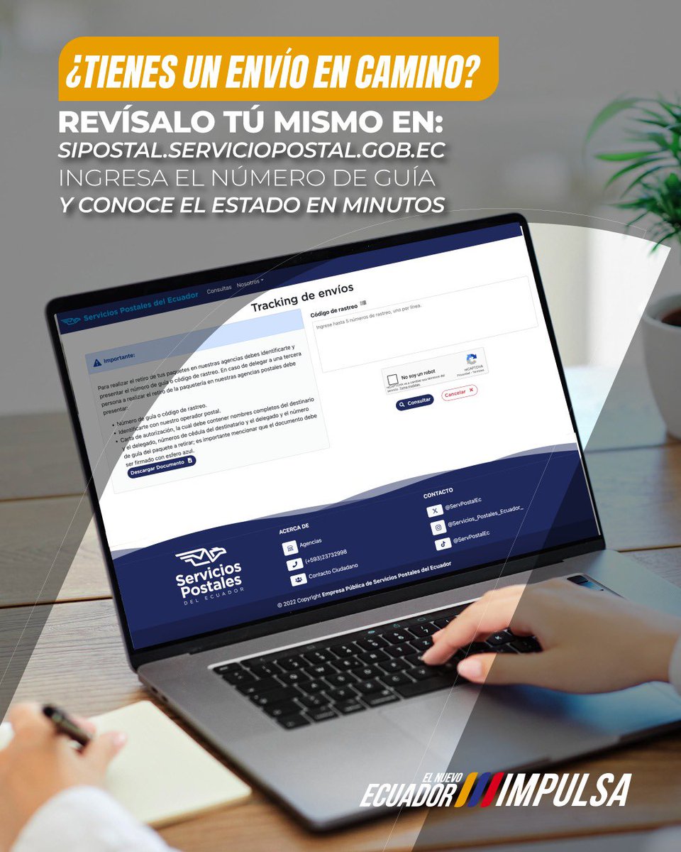 ¿Esperando un envío? 👀
Puedes revisar el estado de tu paquete en línea, en segundos.

Solo entra a 👉 sipostal.serviciopostal.gob.ec
📌 Ingresa tu número de guía
✔️ Y listo, te mostramos el seguimiento. 

💡Más fácil, imposible.
#ElNuevoEcuador