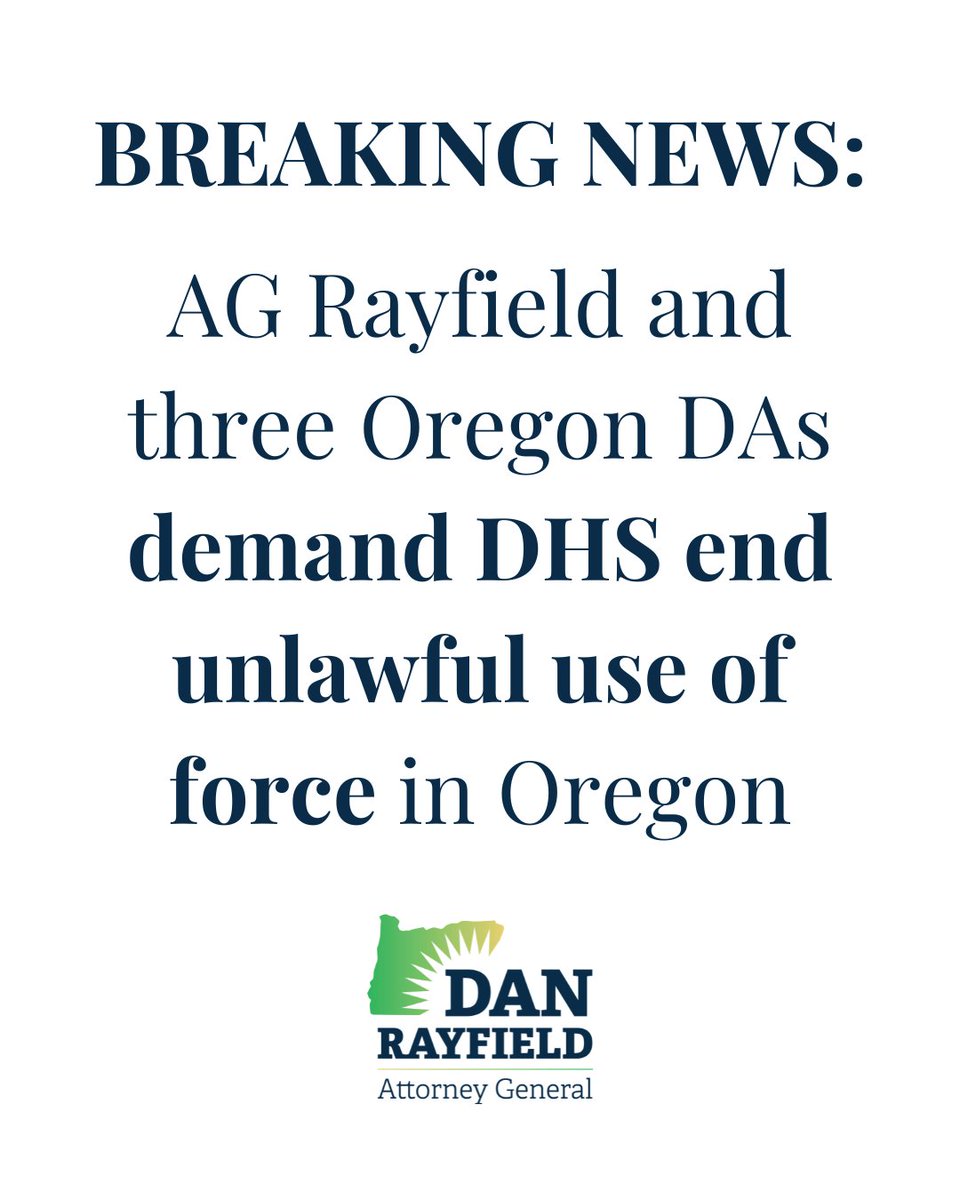 AGDanRayfield's tweet image. BREAKING NEWS:  We&apos;ve sent a letter to the U.S. Dept. of Justice and Dept. of Homeland Security demanding that they immediately halt unlawful and reckless actions by federal officers operating in Oregon. #orpol