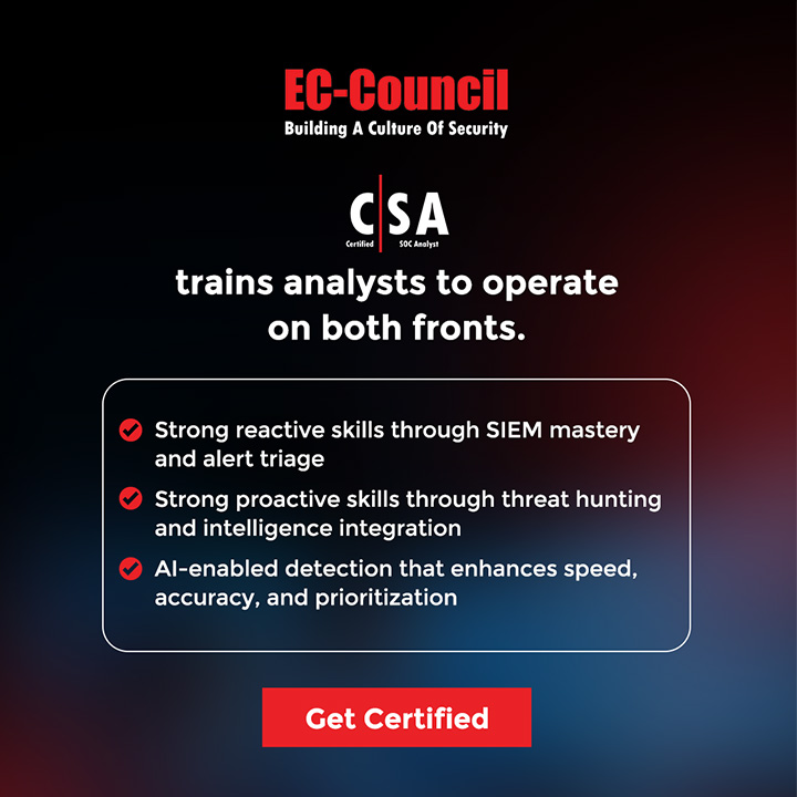 ECCOUNCIL's tweet image. Strong SOC performance comes from analysts who can detect active threats quickly while also uncovering hidden risks through intelligence-led investigation.

The Certified SOC Analyst (CSA) program builds this balance by developing real capability in SIEM operations, alert triage,…