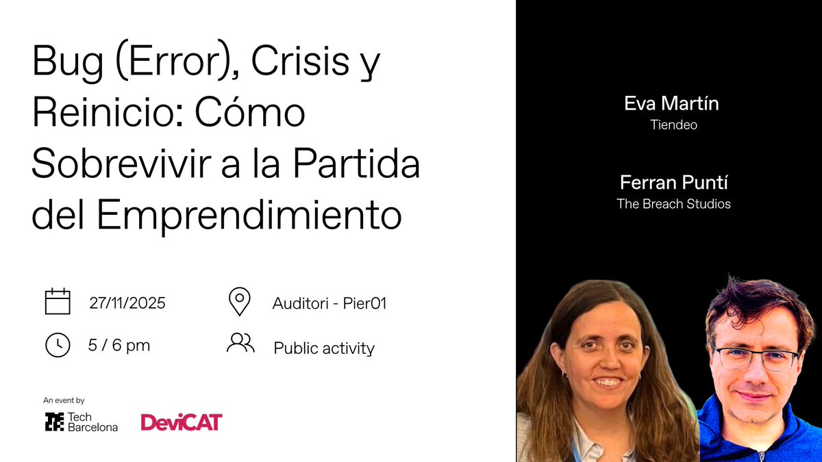 TechBarcelona's tweet image. ENTREPRENEURSHIP AND GAMING
Session organized by Tech Barcelona and @devicat_ . It will take place on Thursday, November 27th, at Tech Barcelona’s Pier01, starting at 5 PM.

🎟️ app.passcreator.com/es/l/workshop-…

SPEAKERS
 - Ferran Puntí, CEO &amp;amp; Co-Founder at The Breach Studios
 - Eva…