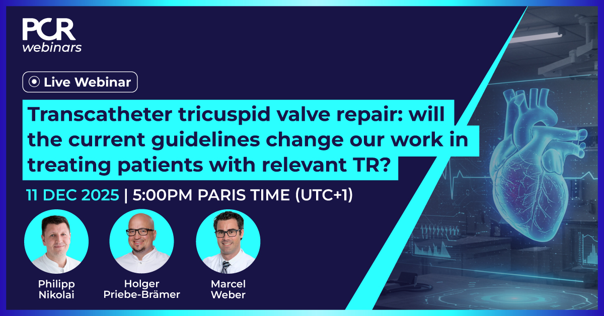 PCRonline's tweet image. Transcatheter tricuspid valve repair: will the current guidelines change our work in treating patients with relevant TR?
🗓️Next live #PCRWebinar : Thursday 11 December, 5:00pm (UTC+1)
🧑‍⚕️P. Nikolai, H. Priebe-Brämer and M. Weber
🔗Register now: pcronline.com/Webinars/PCR-W…
