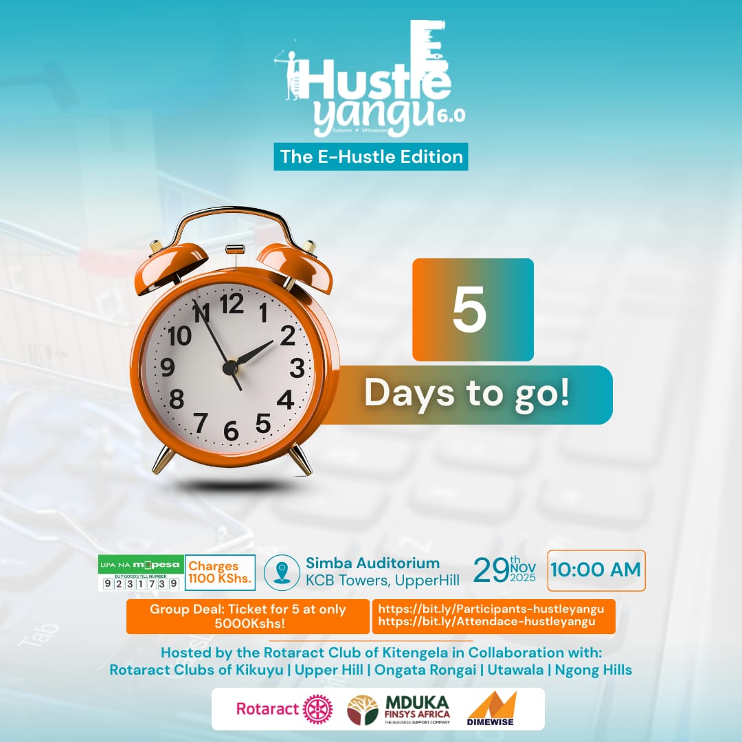 ONLY 5 DAYS stand between you and live pitches and expert feedback at the E-Hustle experience!🥳

Reserve your seat: 👉🏽 
bit.ly/Attendace-hust…
To pitch your hustle: 👉🏽 bit.ly/Participants-h…

#HustleYangu6.0 #EHustleEdition
