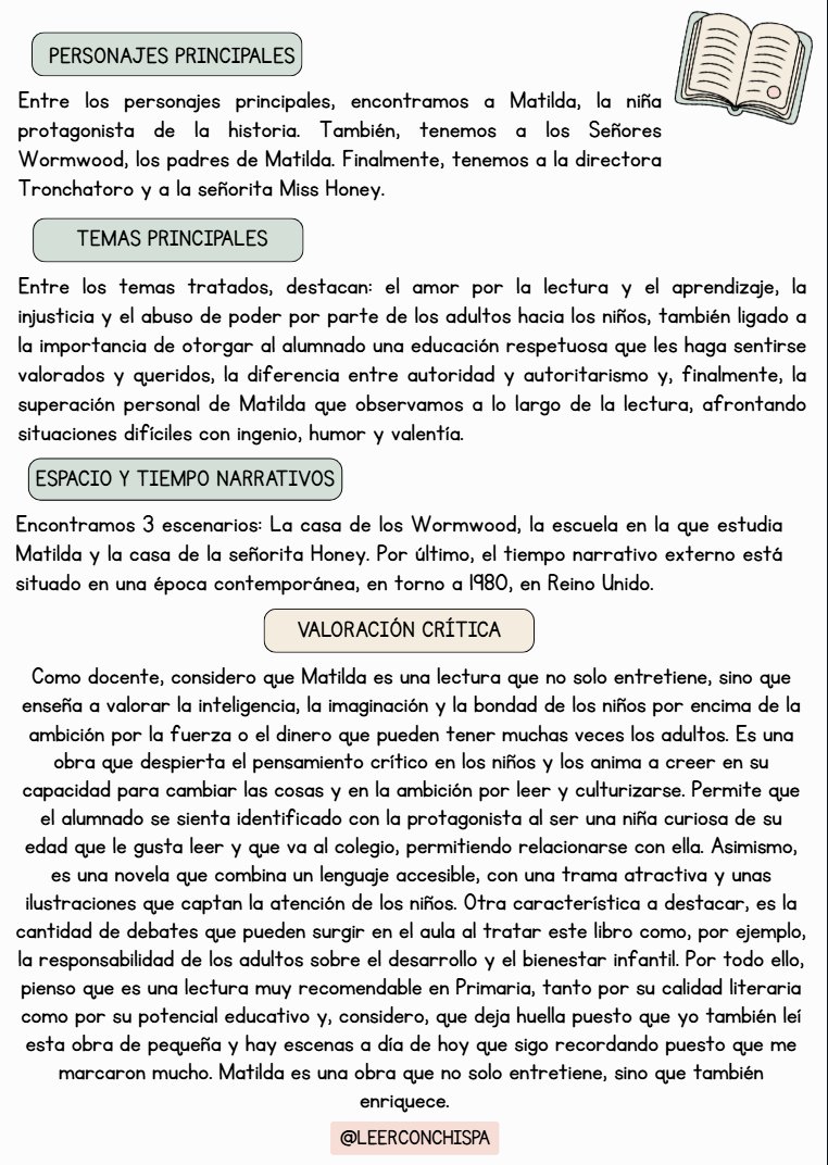 LeerConChispa's tweet photo. #Lecturasquedangusto #FichaTécnicaMatilda #MatildaRoaldDahl #Lecturaenelaula https://t.co/o7hJzVwyd9