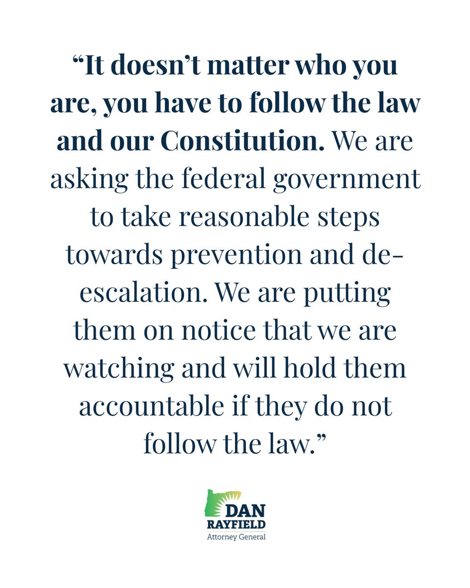 AGDanRayfield's tweet image. BREAKING NEWS:  We&apos;ve sent a letter to the U.S. Dept. of Justice and Dept. of Homeland Security demanding that they immediately halt unlawful and reckless actions by federal officers operating in Oregon. #orpol
