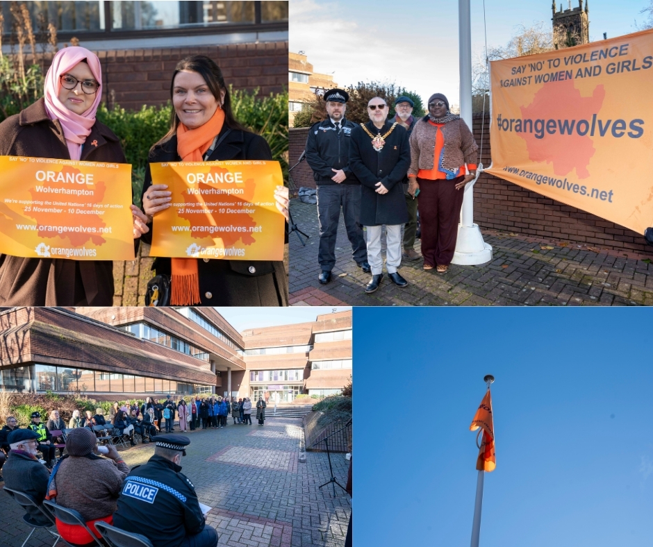WolvesCouncil's tweet photo. ๐งก A flag-raising ceremony was held at the Civic Centre this morning as the 10th annual #OrangeWolverhampton campaign got underway. Full story ๐ https://t.co/mUda125M5L @WVsafeguarding #OrangeWolves (1/2) https://t.co/bk2OSw2pGX
