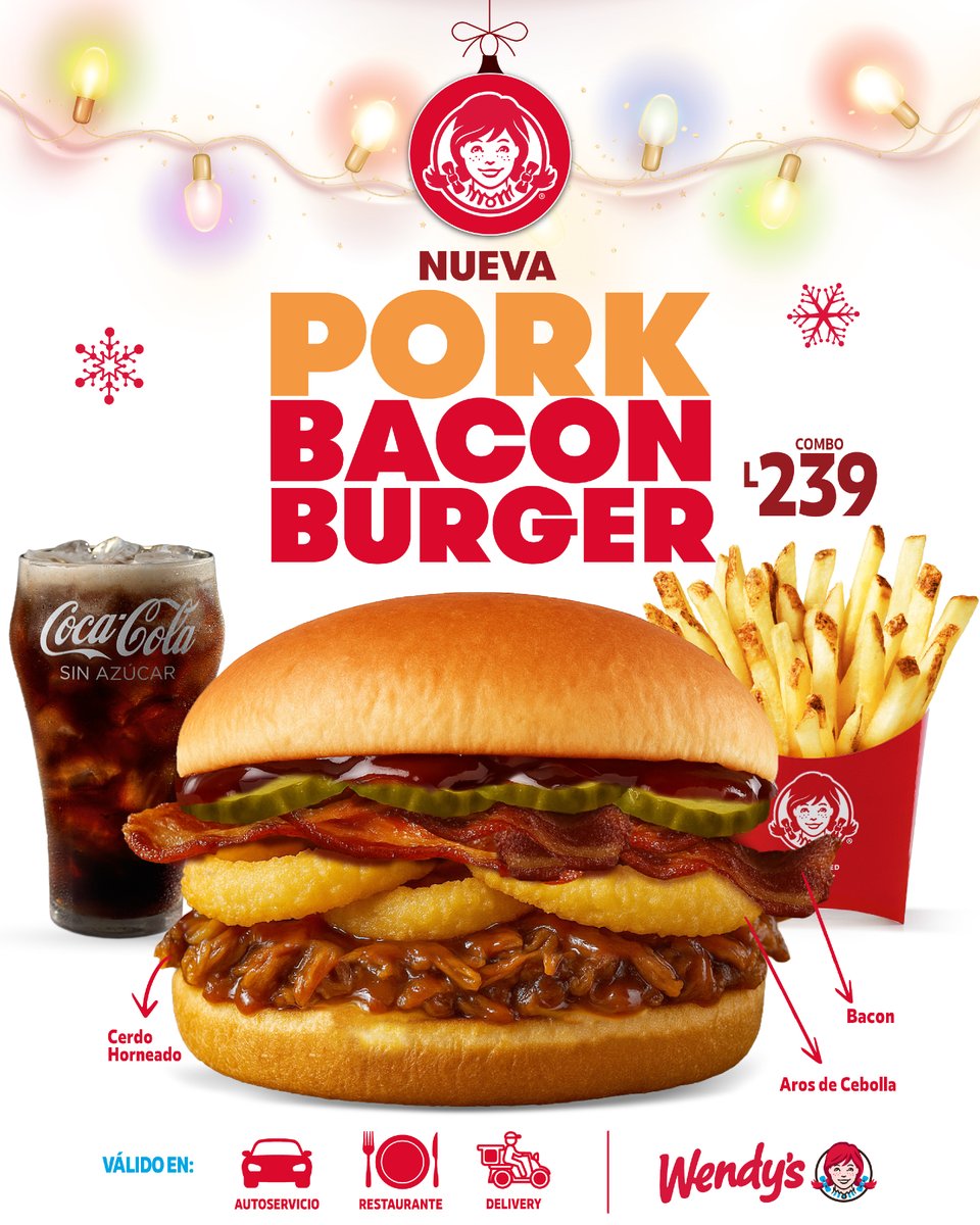 🎄🔥Nuestra Navidad viene con más sabor, nueva Pork Bacon Burger: Cerdo horneado, bacon y aros de cebolla 🍔 Combo por L.239

Disponible en restaurante, autoservicio y Delivery Wendy’s.