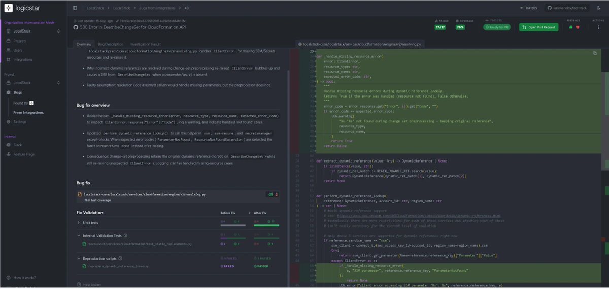 localstack's tweet image. What if your AWS serverless bugs were autonomously found, fixed and tested while you slept, allowing you to wake up to validated PRs in the morning rather than bug reports and tickets? That&apos;s the promise of combining LogicStar&apos;s automated AI tooling with LocalStack.