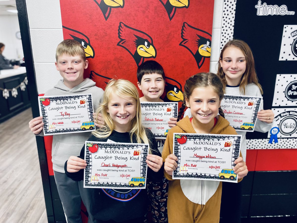 TC_Schools_KY's tweet image. Congratulations to our TCIS McDonald’s Caught Being Kind winners! These students were spotted showing kindness in action - helping friends, showing respect, and spreading positivity.

Ty Ray, Maggie Wilson, Charli Hedgespeth, Patrick Bohner, and Rhylen Cochran. 

#tcpride #tcis