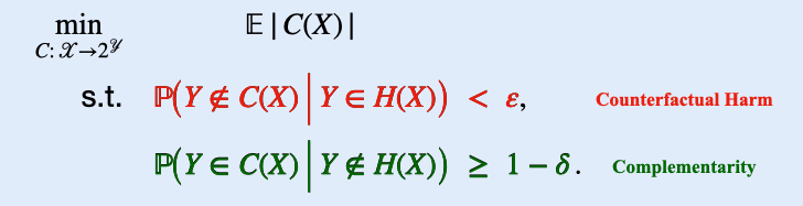 NooraniSimaa's tweet image. These two principles lead to an explicit optimization problem over collaborative sets C, a trade off between avoiding counterfactual harm, promoting complementarity, and keeping prediction sets informative (not too large)