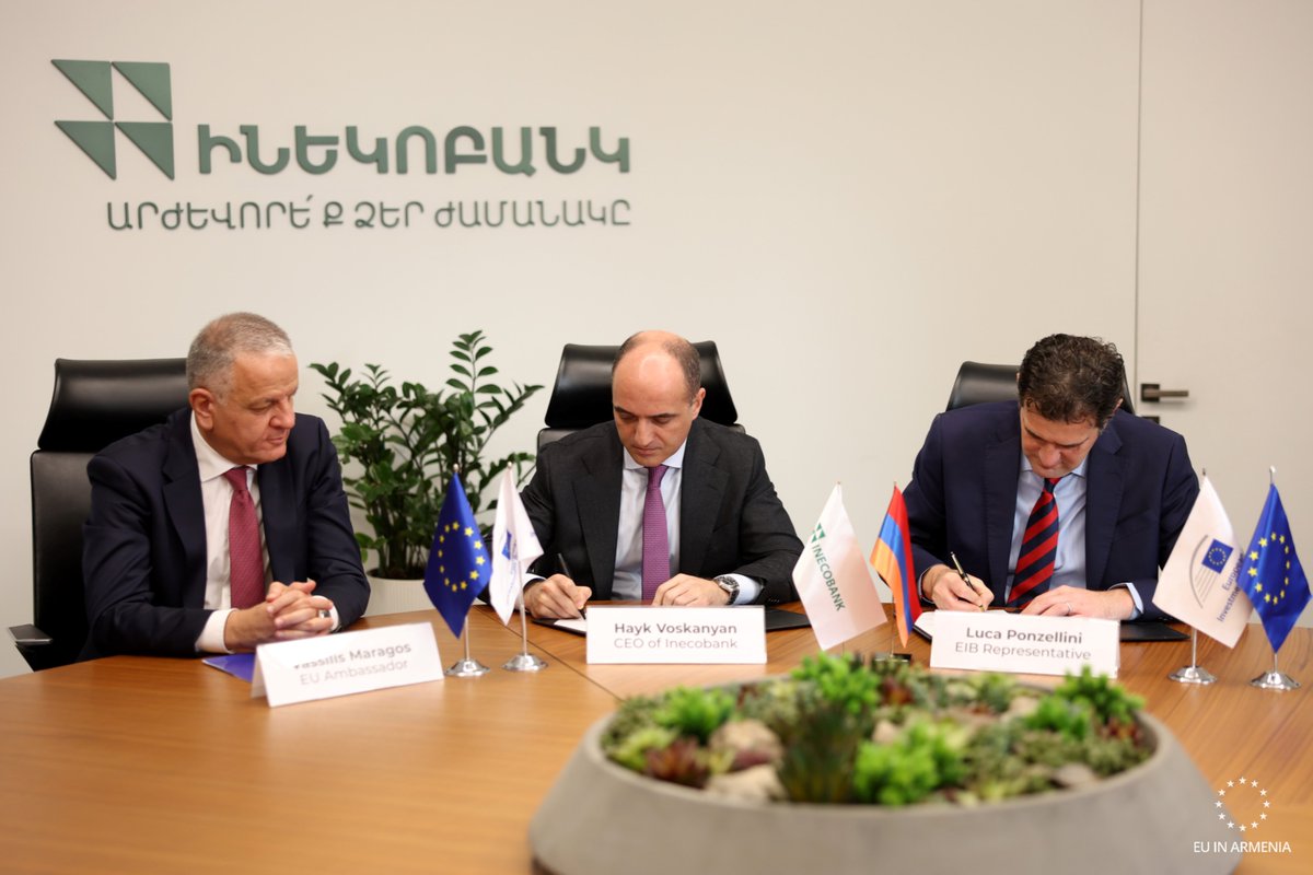 EUAmbArmenia's tweet image. 🤝The €30M guarantee with EIB &amp;amp; Inecobank was signed, boosting access to finance for🇦🇲MSMEs.
📈Expected to support 120 businesses &amp;amp; 1,800 jobs, building on 🇪🇺 support for inclusive growth, innovation, &amp;amp; women-led enterprises.
🇪🇺 committed to advancing🇦🇲economic future.