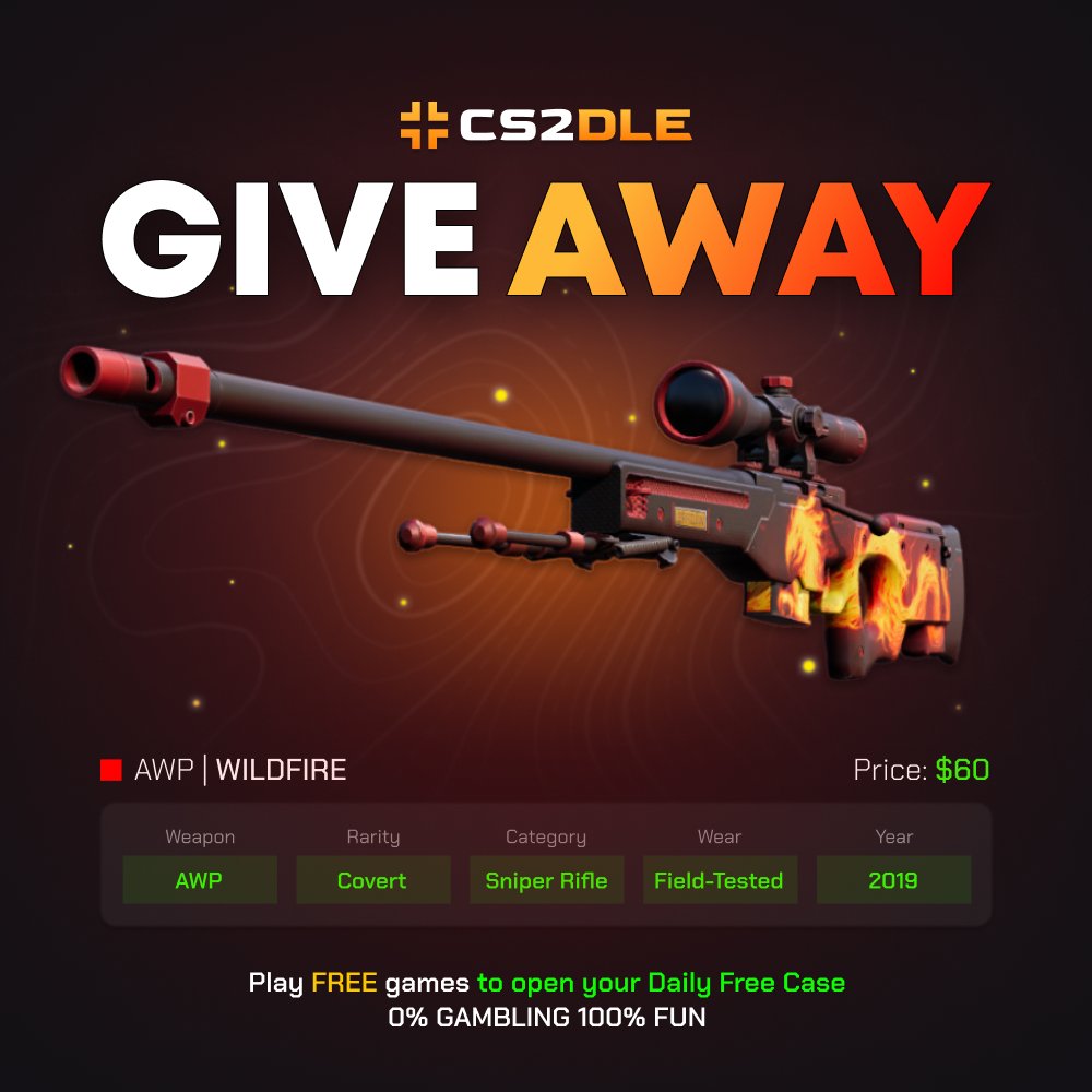 cs2dle's tweet image. 🎁$60 AWP | Wildfire 🔥

To enter:
✅Follow, Like and Retweet
💙 Join our discord : discord.gg/cs2dle

Play FREE games - Open FREE cases
0% Gambling 👉 cs2dle.net