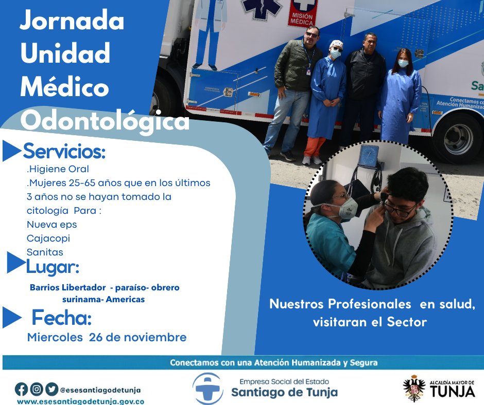 La unidad móvil de la ESE Santiago de Tunja invita a todas las mujeres entre 25 y 65 años que en los últimos 3 años no se hayan realizado la citología, a participar en la jornada de salud que también incluye servicio de higiene oral. #Tunja