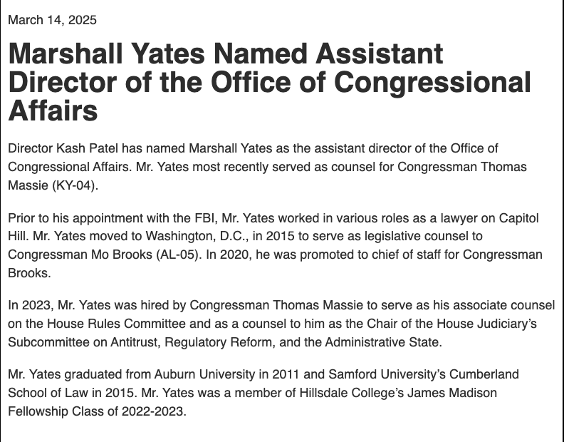 KyleSeraphin's tweet image. Why did THIS guy threaten a Congressman&apos;s staff for investigating the J6 Pipe bomber?

This isn&apos;t some OLD GUARD FBI guy - this guy was hired by Patel in March 2025. Marshall Yates: we see you.