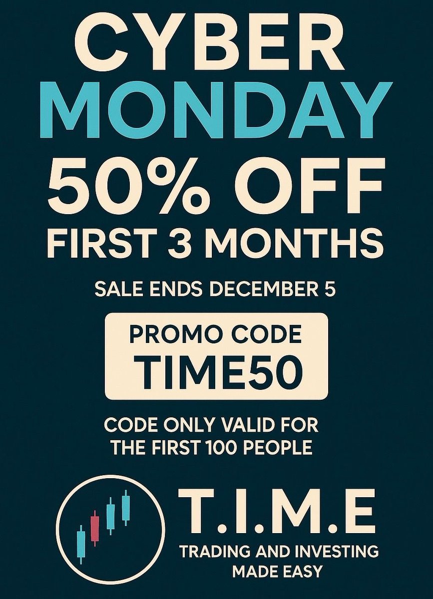 TheTIMESystem's tweet image. 🚨 We’re running a Cyber Monday deal! 🚨
For a limited time, get 50% off your first 3 months of all T.I.M.E indicators using promo code TIME50 🔥

If you’ve been on the fence, now’s the perfect time to jump in.
Copy the link in my bio or DM me for access today.

#cybermonday