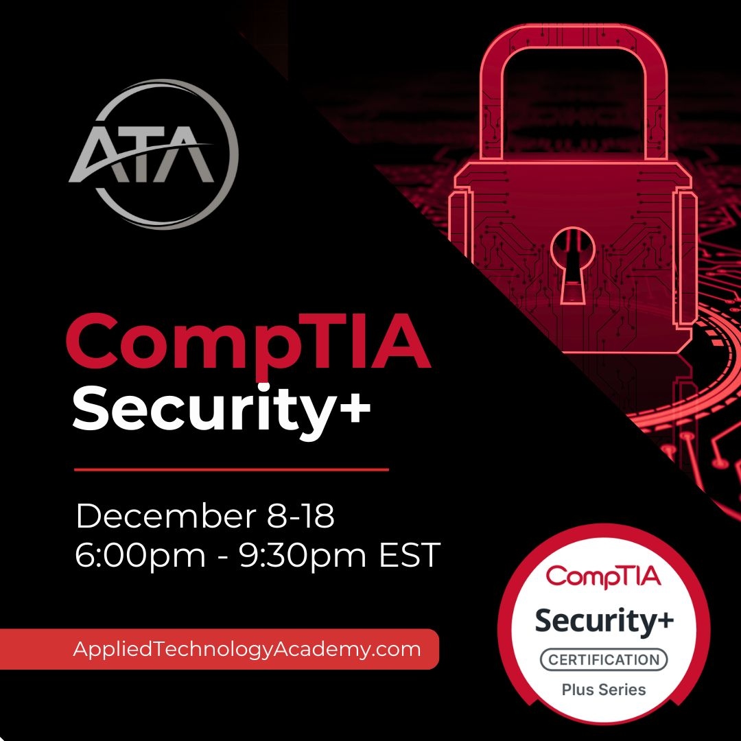 appliedtechac's tweet image. Launch your cybersecurity career without interrupting your day job! 

Join Applied Technology Academy&apos;s convenient evening class for the essential @CompTIA  Security+ certification! From December 8-18, 6:00 PM - 9:30 PM EST, you&apos;ll master the foundational skills in network…
