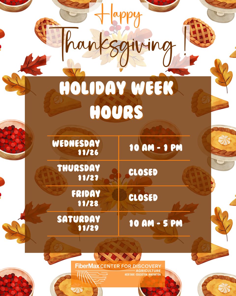 FiberMaxCenter's tweet image. Happy Thanksgiving, y'all! As we get ready for turkey day, we wanted to share our hours with you.

Today, 11/25, we will be open our regular hours of 10am - 5pm. 

We would love for you to stop by!

#fcfd #agriculture #thanksgiving