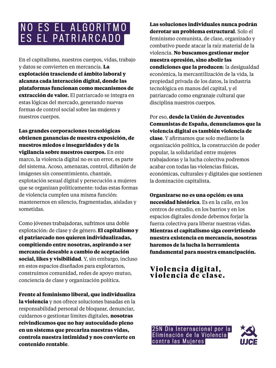 🟣[COMUNICADO DE LA JUVENTUD COMUNISTA ANTE EL 25-N]🟣