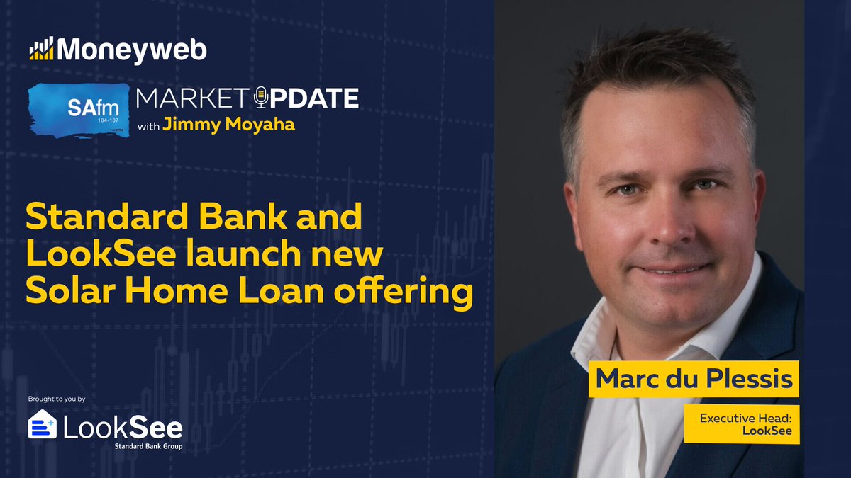 Moneyweb's tweet image. [COMING UP] Join the discussion as Marc du Plessis of @LookSeeHome unpacks the new Standard Bank and LookSee Solar Home Loan offering on @SAfmRadio #MarketUpdate with @jmoyaha_. Tune in from 6pm to 7pm.

#Moneyweb #LookSee

Listen here: ow.ly/1YS350WYSqC