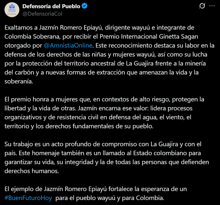 Indepaz's tweet image. Importante reconocimiento a Jazmin Romero Epiayú. Premio internacional Ginetta Sagan.
@AmnistiaOnline
