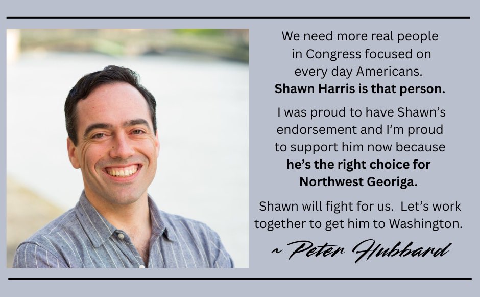 ShawnForGeorgia's tweet image. Thank you to Peter Hubbard for your endorsement. I am grateful for your support and your belief in the work we are doing. Together, we are building a campaign focused on real leadership and real results for Northwest Georgia. Let’s keep moving forward.