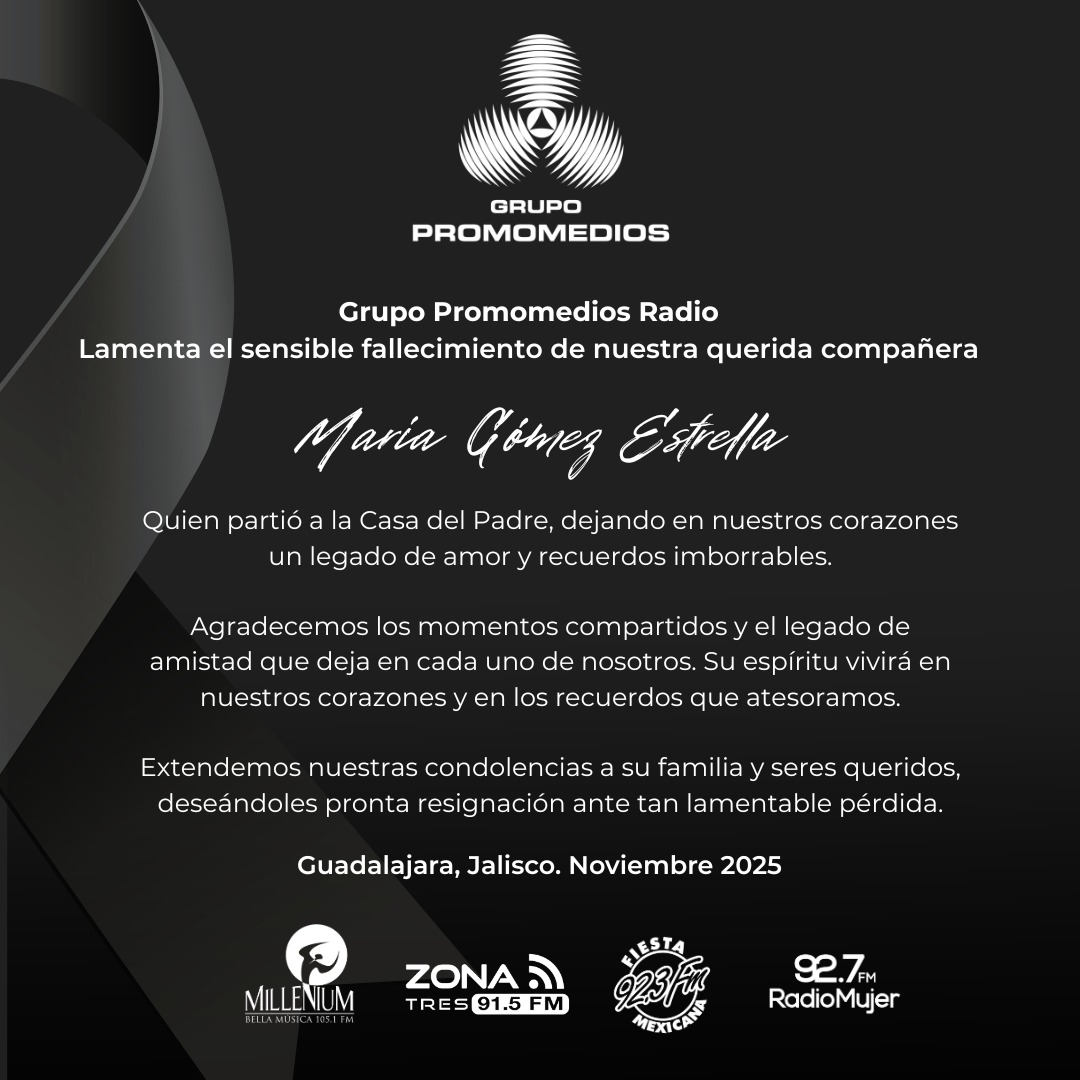 Con profundo pesar, en Grupo Promomedios Radio despedimos a nuestra querida compañera María Gómez Estrella, quien ha partido a la Casa del Padre, dejando en nosotros un legado de amor, entrega y momentos que siempre llevaremos en el corazón.