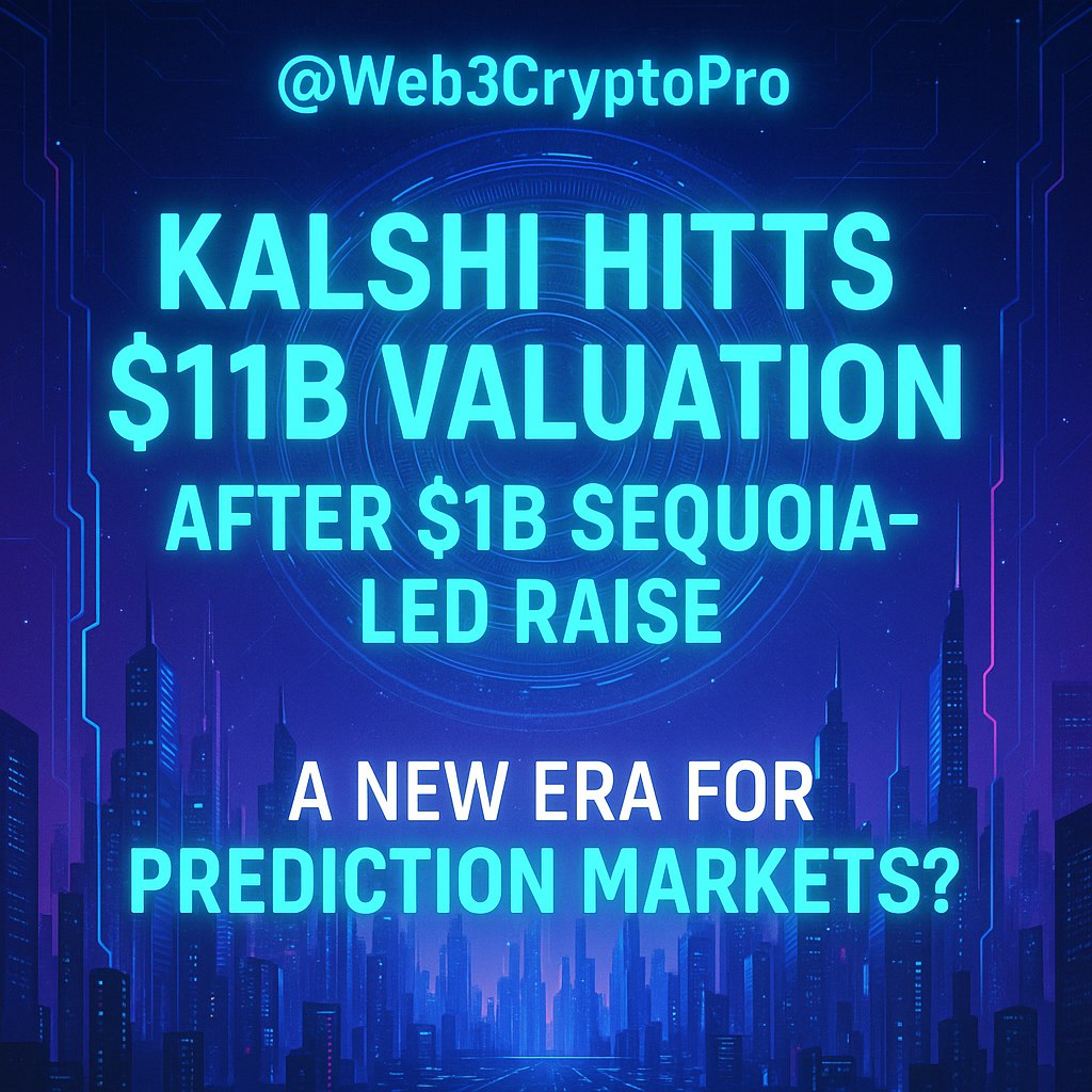 Web3CryptoPro's tweet photo. Kalshi hits $11B valuation after a $1B Sequoia-led raise. 🚀

Prediction markets are breaking into the mainstream.

Bullish or overhyped?👇

#Kalshi #CryptoNews #Web3 #PredictionMarkets https://t.co/YEsf1HG1ZO