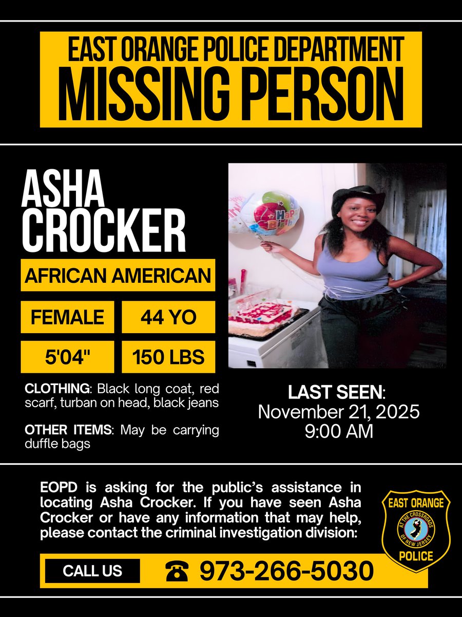 EOCityHall's tweet photo. MISSING PERSON ALERT
Have you seen Asha Crocker (44)?
Last seen Nov 21 at 9 AM.
5’4”, 150 lbs, brown hair, brown eyes.
Info? Call EOPD Criminal Division at 973-266-5030.
#missingperson #eastorange #eopd https://t.co/cPw1sM0VMR