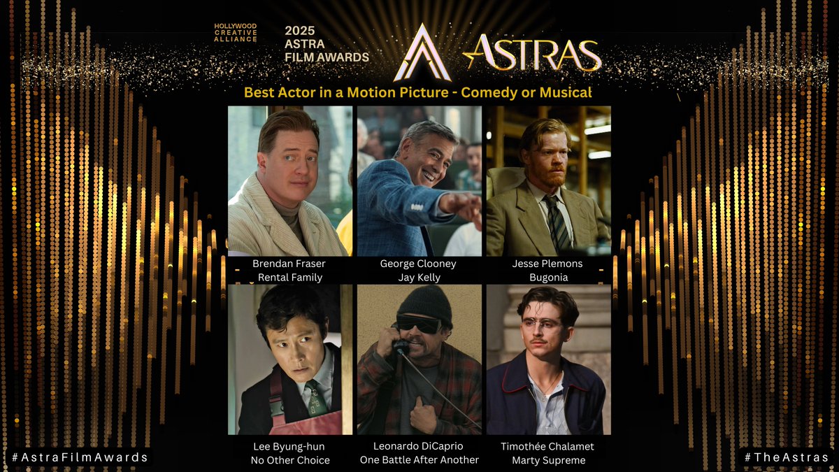 TheAstraAwards's tweet image. The Astra Film Awards nominees for Best Actor in a Motion Picture Comedy or Musical are:

Brendan Fraser – Rental Family
George Clooney – Jay Kelly
Jesse Plemons – Bugonia
Lee Byung-hun – No Other Choice
Leonardo DiCaprio – One Battle After Another
Timothée Chalamet – Marty…