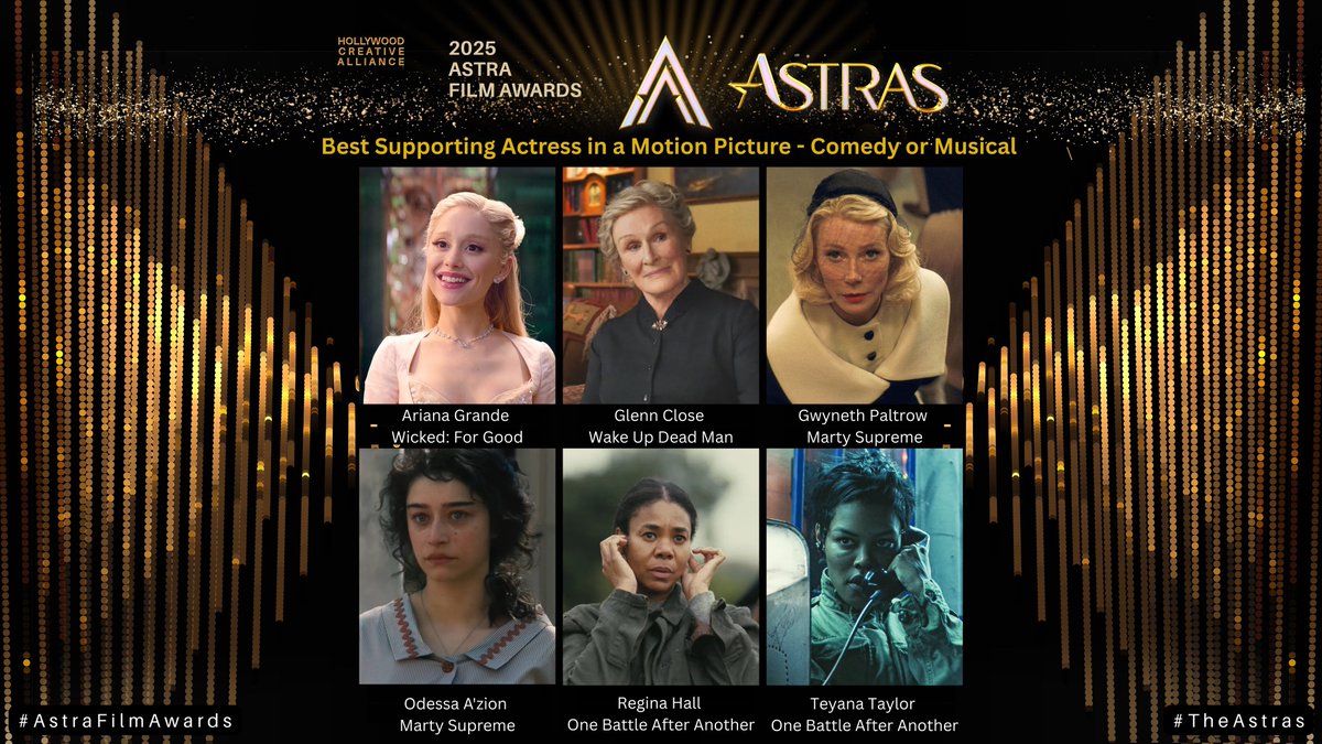 ArianaToday's tweet image. ariana grande has been nominated for ‘best supporting actress in a motion picture comedy or musical’ at the 2025 astra film awards