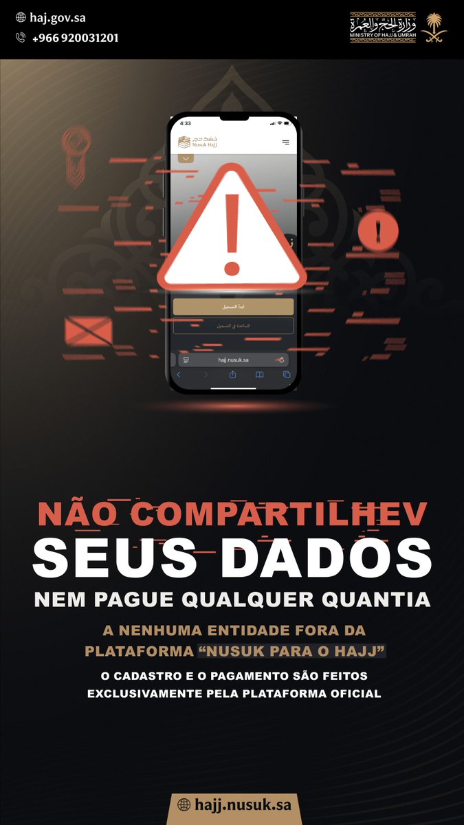 Proteja-se contra fraudes.​

Não divulgue suas informações pessoais nem transfira fundos para terceiros ou intermediários. Certifique-se de que todas as transações sejam realizadas exclusivamente pela plataforma Nusk Hajj. hajj.nusuk.sa