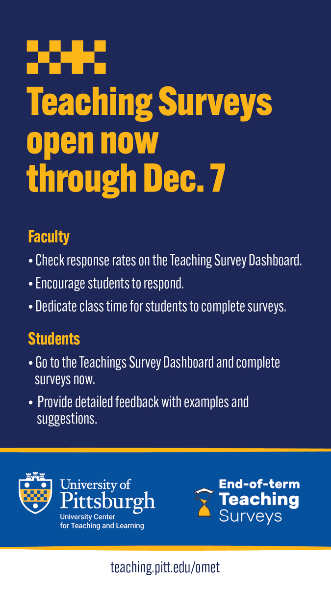 PittTeaching's tweet photo. The Teaching Survey period is open and runs through Dec. 7. 
Take time now to provide feedback... your voice matters! 
Dashboard: https://t.co/i1UI8Ltsmm https://t.co/Cb6rHGafho