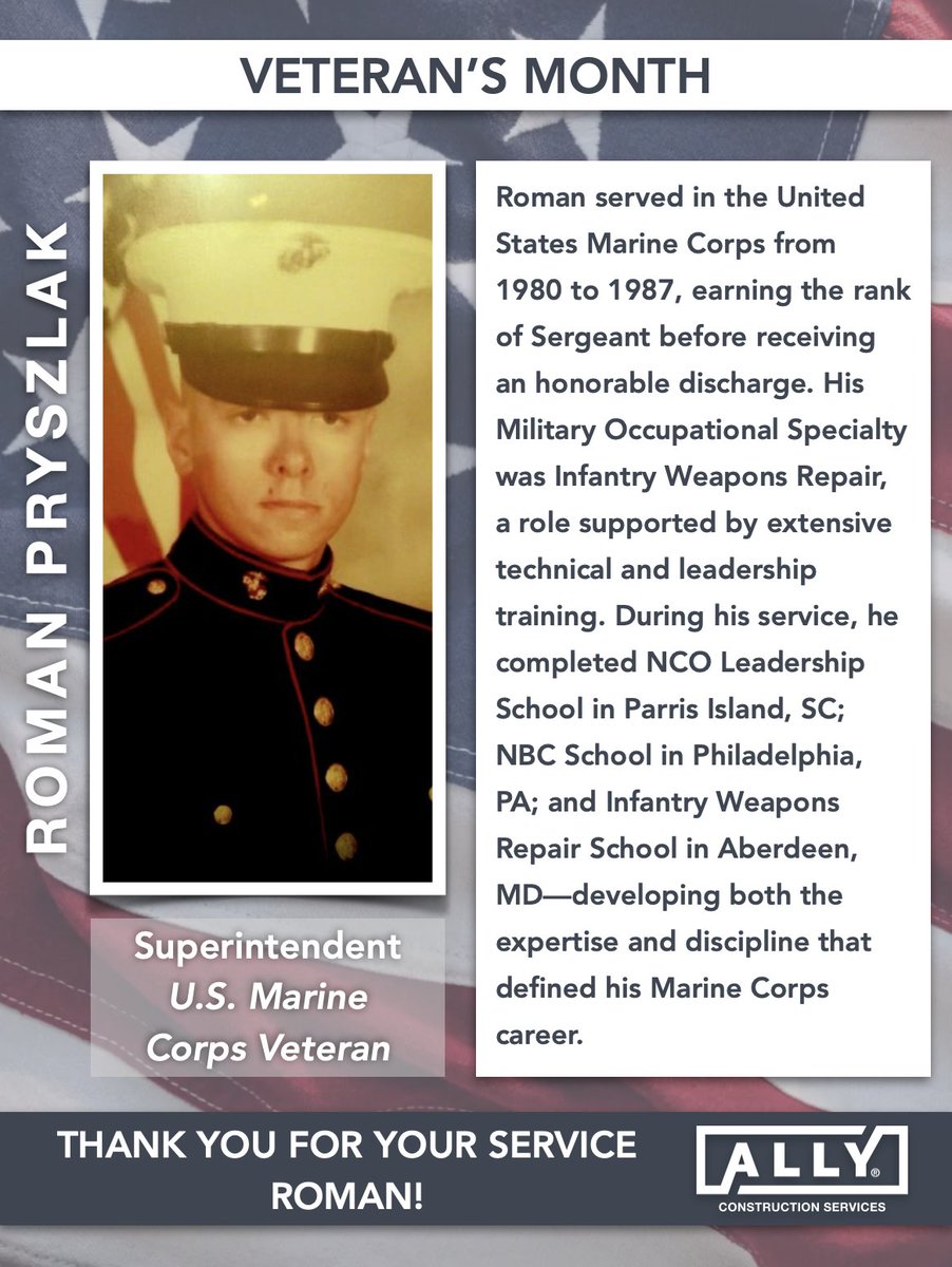 ALLYconstructs's tweet image. We are proud to spotlight Roman Pryszlak in our Veterans Month series. His dedication, leadership, and commitment to service continue to inspire our team every day. Thank you, Roman, for your contributions to our country and to ALLY!

#ALLYConstructionSvcs #VeteransMonth
