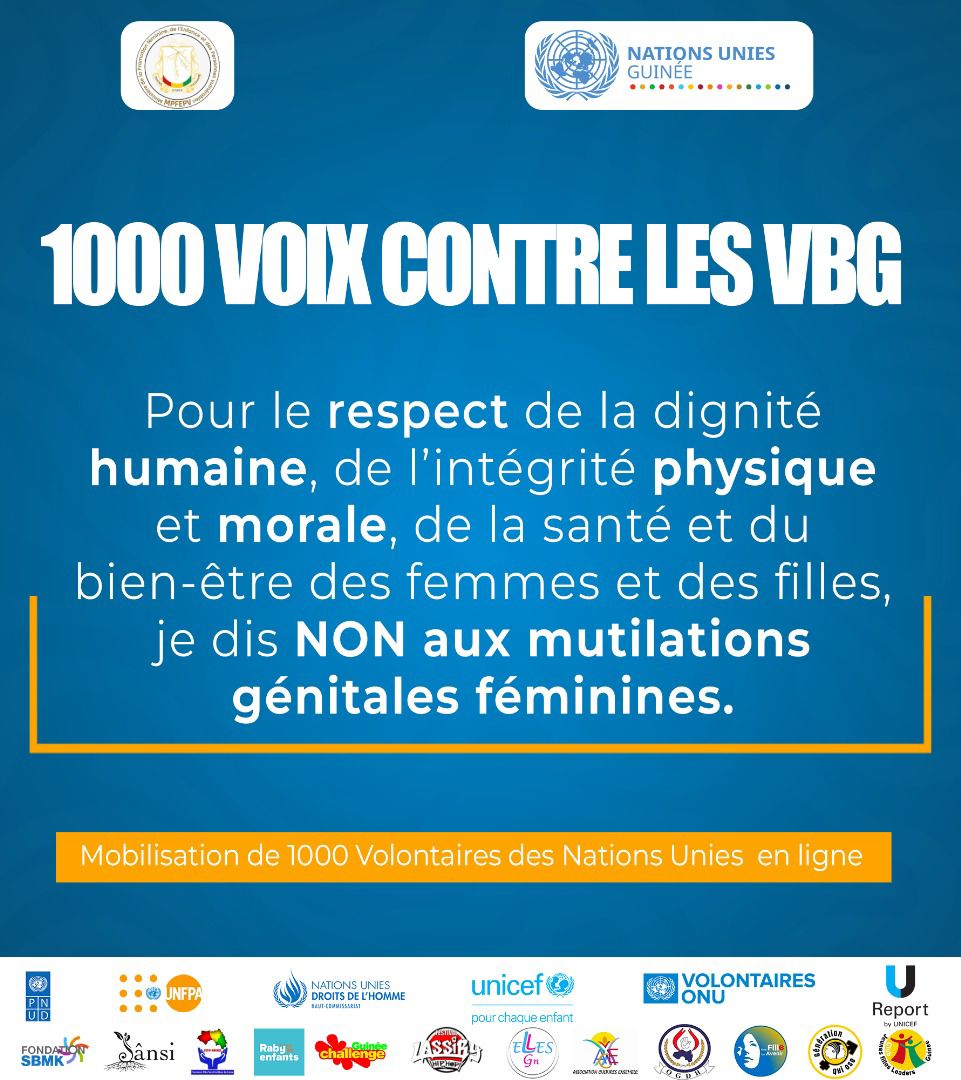 Pour la dignité humaine et la santé des femmes et des filles, je dis NON aux mutilations génitales féminines.
 #StopMGF
<a href="/OnuGuinee/">NATIONS UNIES GUINEE</a> <a href="/UNICEFGuinea/">UNICEF Guinea</a> <a href="/unfpa_guinee/">UNFPA GUINEE</a> <a href="/Onudhguinee/">ONU Droits de l'homme Guinée</a> <a href="/pvnuguinee/">VNU Guinée</a> <a href="/PNUDGuinee/">PNUD Guinée</a>