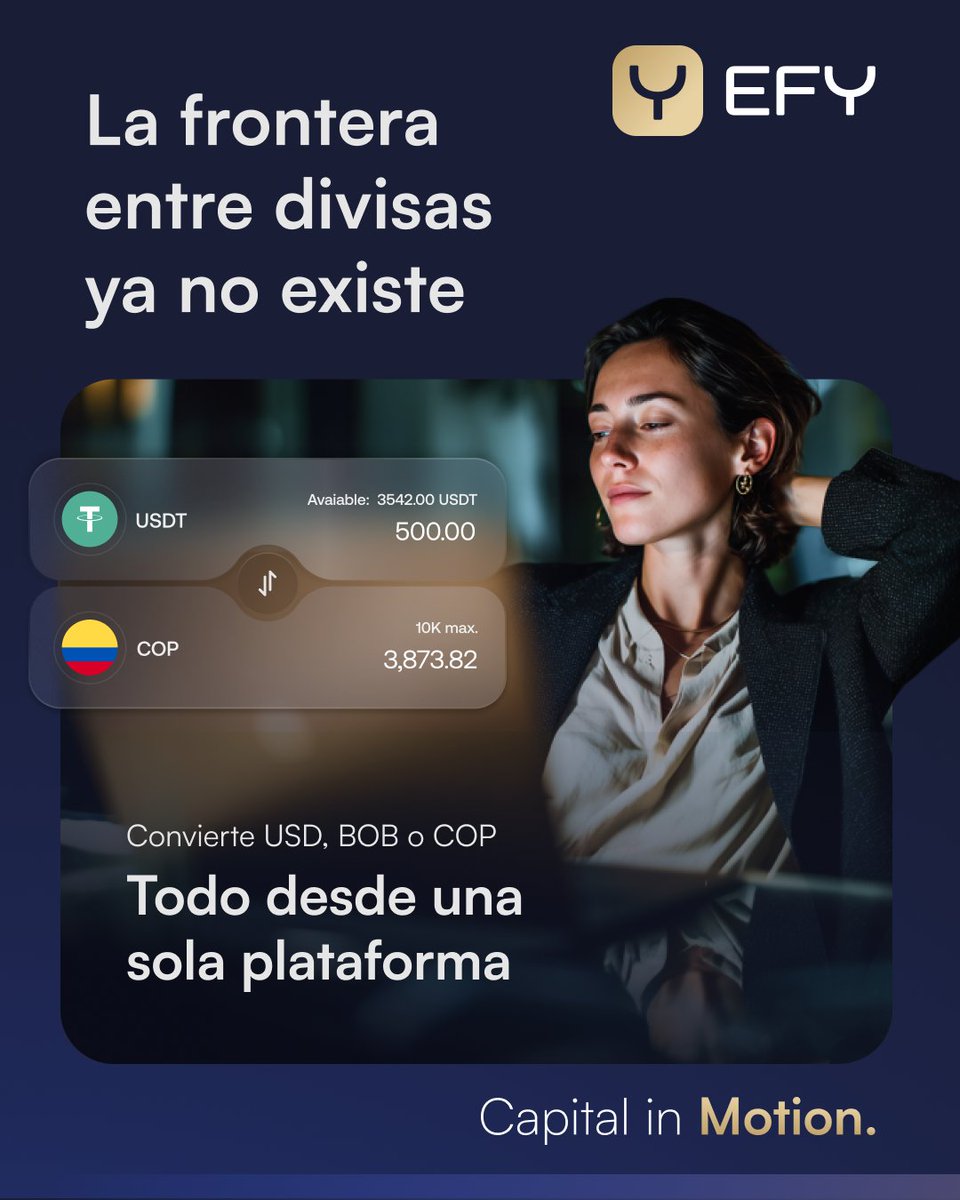 El capital de tu empresa merece moverse a tu ritmo.

Con EFY conviertes y gestionas USD · BOB · COP · USDT en una sola plataforma: paga y cobra en minutos, con visibilidad y control en cada paso.

Menos fricción, menos errores; más foco en tu operación.

EFY | Capital in Motion.