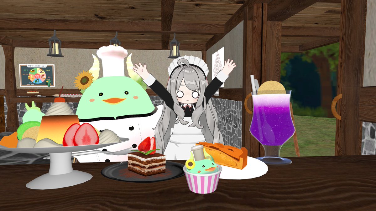 RingoVRC's tweet image. なぞときで、ごほうびをもらいました！
ココアケーキとソーダはほかのおきゃくさまにおごってもらっちゃいました！
かわりにせんでんをします！！！
#VRC貴族サロン